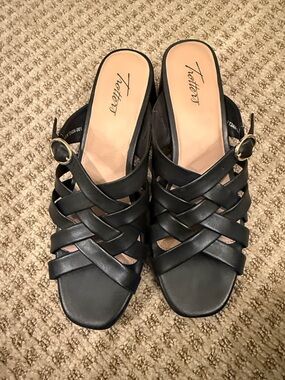 Black Woven Leather Slide Sandals